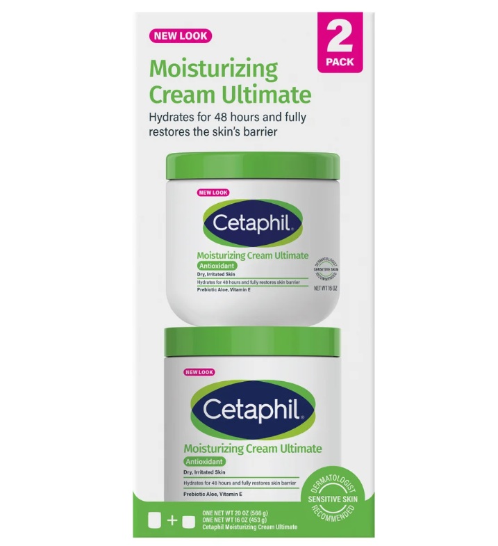 Cetaphil Moisturizing Cream Ultimate with Prebiotic Aloe, Very Dry to Dry Sensitive Skin, 20 oz + 16 oz, 2-pack