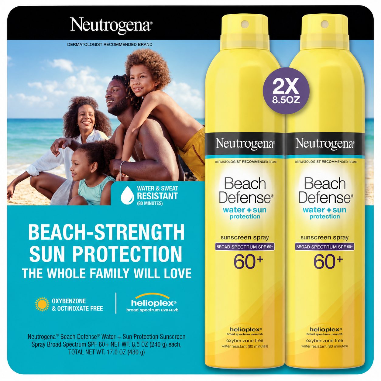 Neutrogena Beach Defense Sunscreen Spray SPF 60+, 8.5 oz, 2-pack