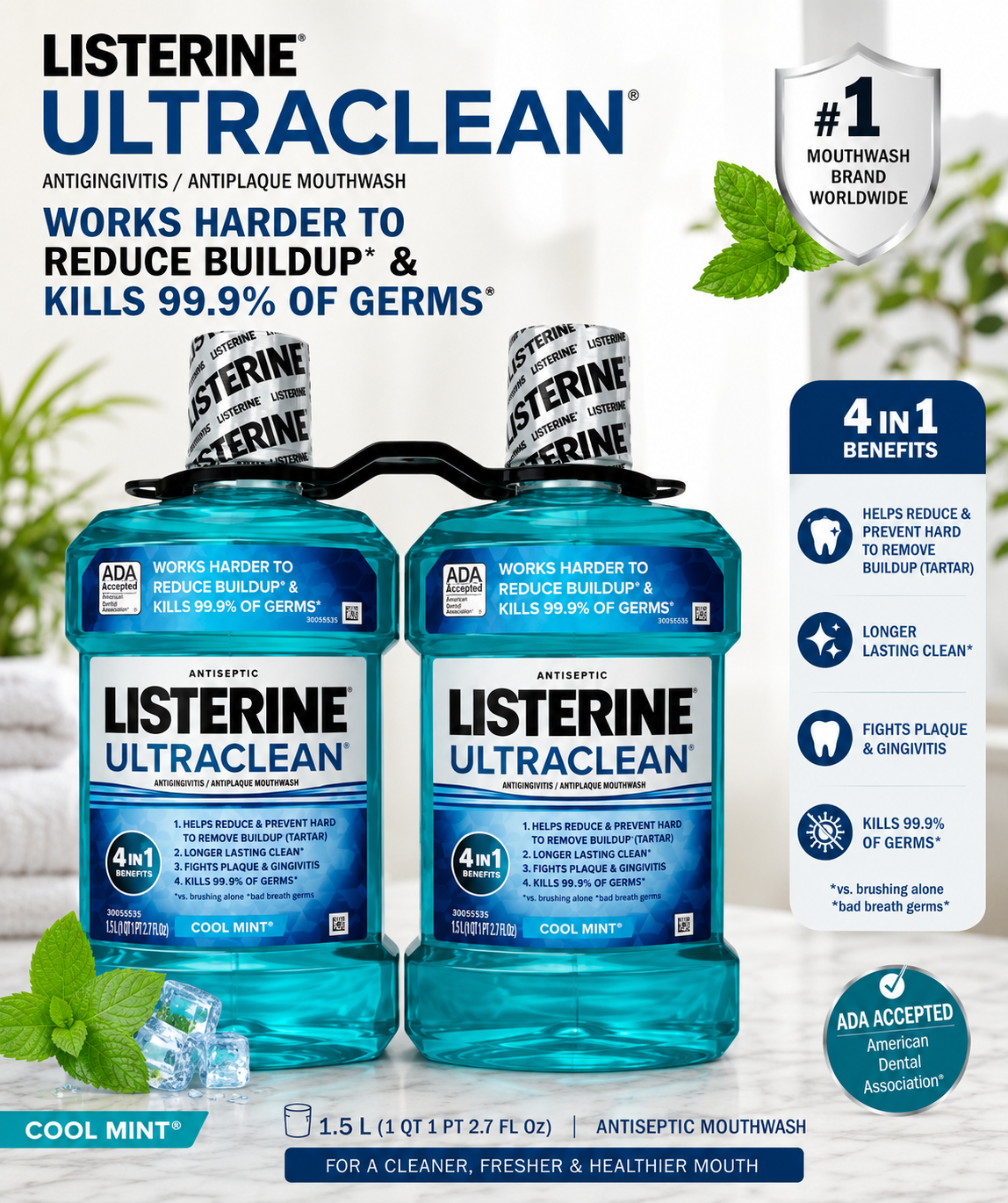 Listerine UltraClean Coolmint Mouthwash, 1.5 Liter, 2-count 2