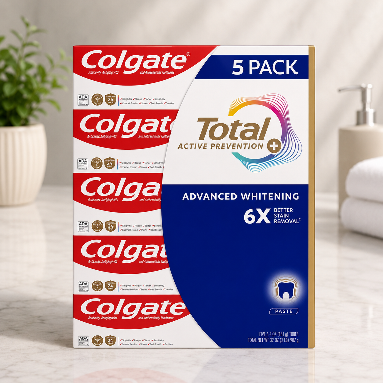 Colgate Total Active Prevention Plus Advanced Whitening Toothpaste, 6.4 oz, 5-pack