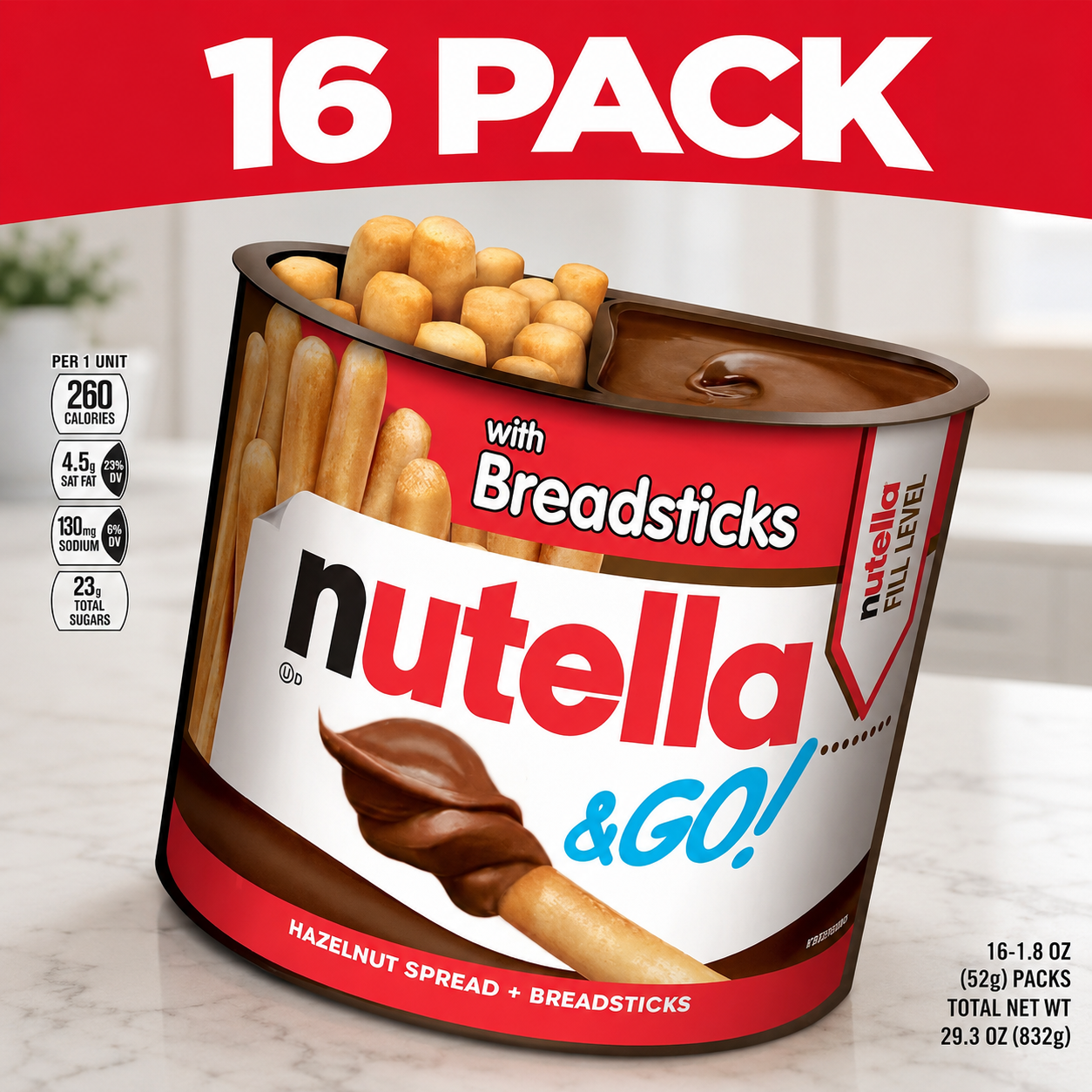 Nutella & GO! Hazelnut and Cocoa Spread With Breadsticks, 1.8 oz, 16 Pack