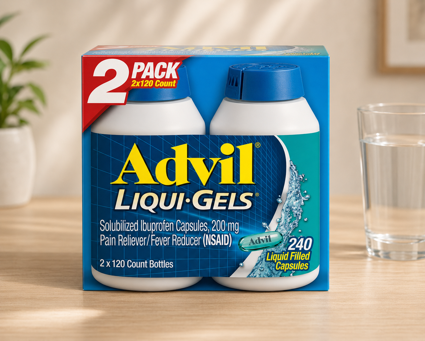 Advil Liqui-Gels Ibuprofen 200 mg. Pain Reliever/Fever Reducer, 120 Capsules, 2-