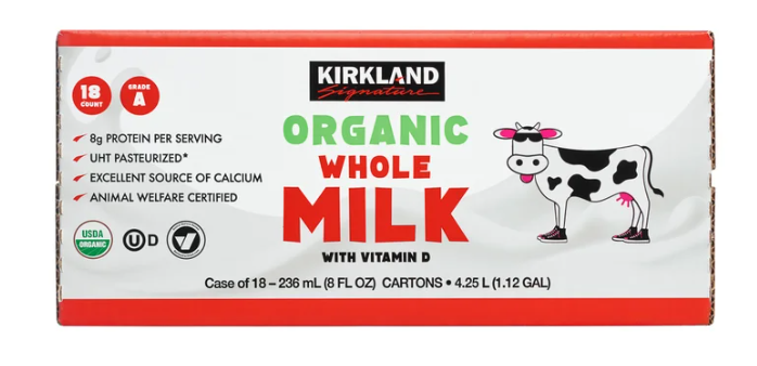Kirkland Signature Organic Whole Milk, 8 fl oz, 18-count