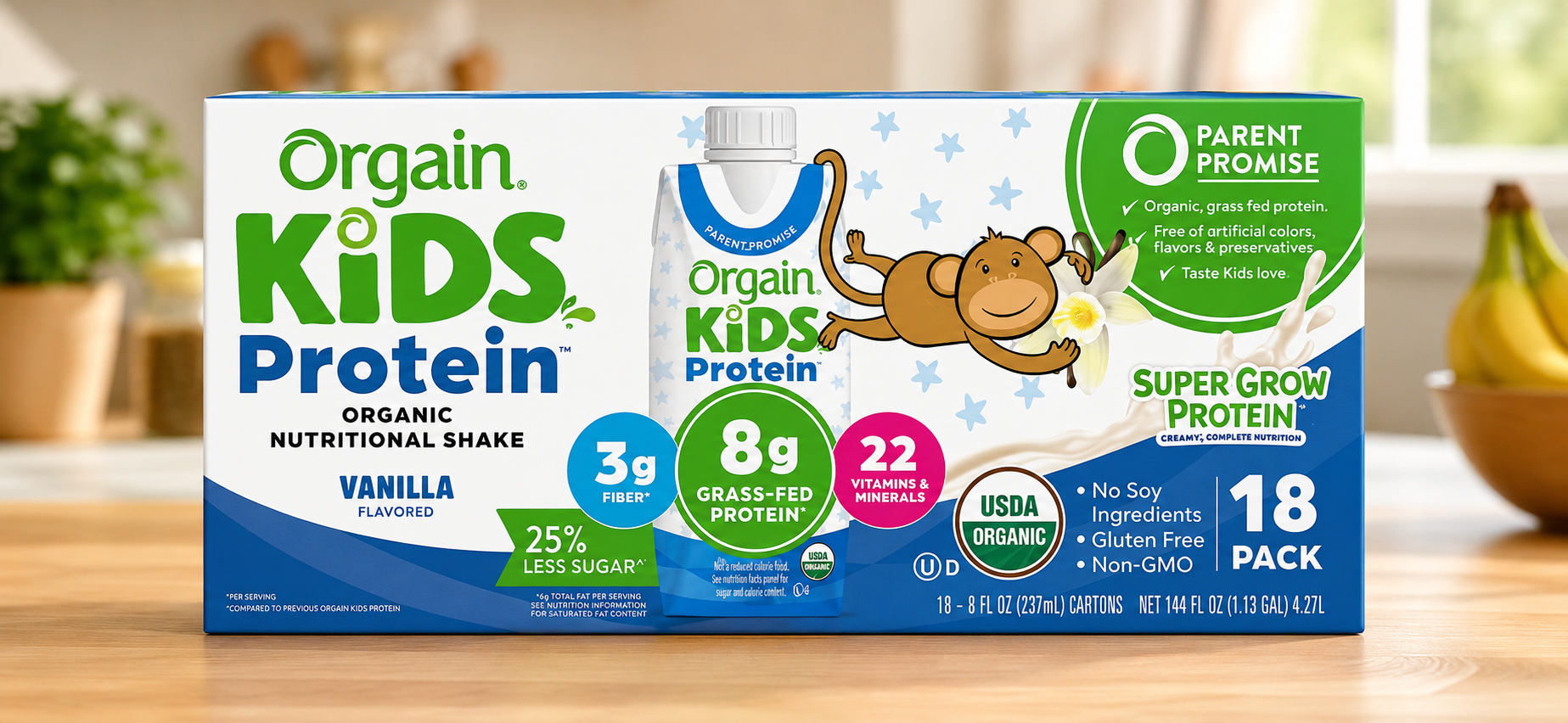 Orgain Kids 8g Protein Organic Nutritional Shake, Vanilla, 8 fl. oz., 18 pk.