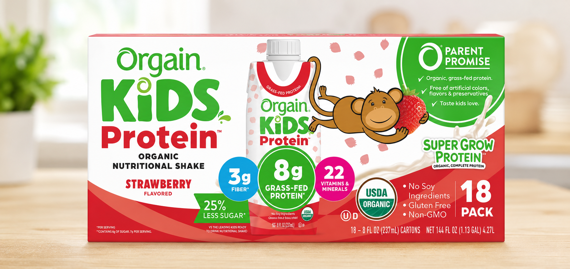 Orgain Kids 8g Protein Organic Nutrition Shake, Strawberry 8 fl. oz., 18 pk.
