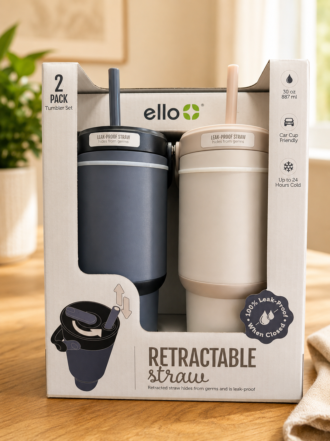 Ello Oasis Go 30oz Leak-Proof Stainless Steel Tumbler, 2 Pack