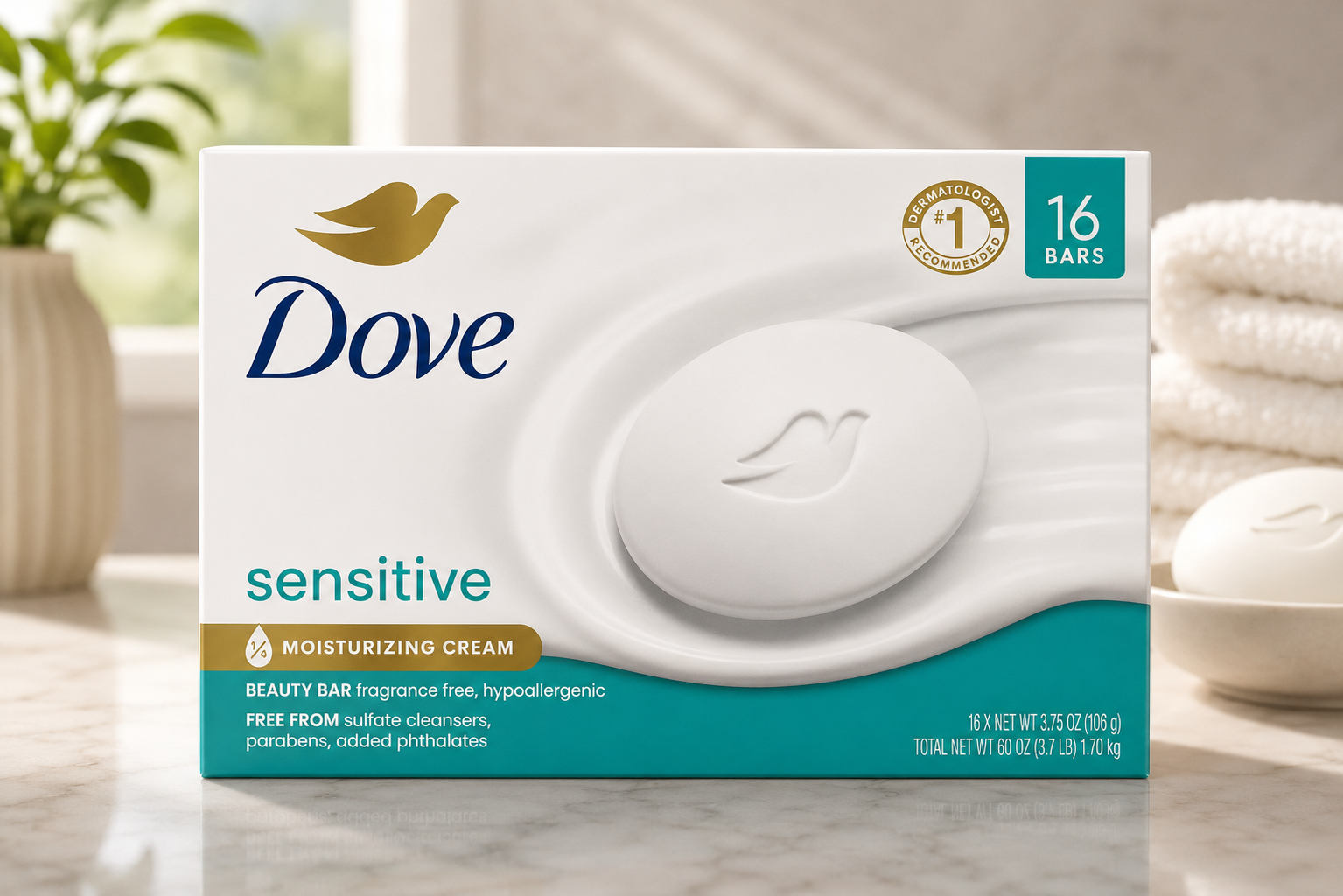 Dove Moisturizing Beauty Bar Soap Sensitive Skin, 3.75 oz, 16 Bars
